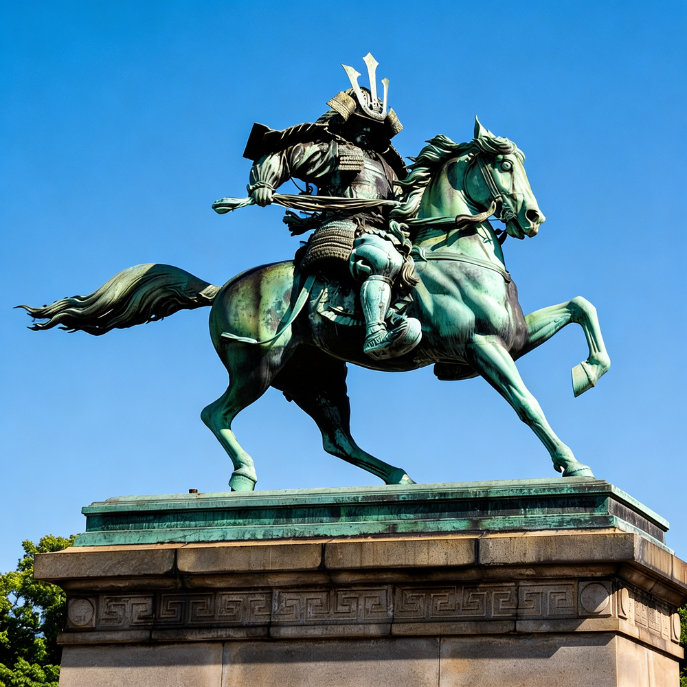Statue of a samurai on horseback against a clear blue sky
Bronze samurai warrior on horseback sculpture with detailed armor