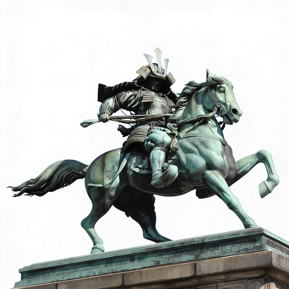 Statue of a samurai on horseback with a white background
Bronze samurai warrior on horseback sculpture with detailed armor
