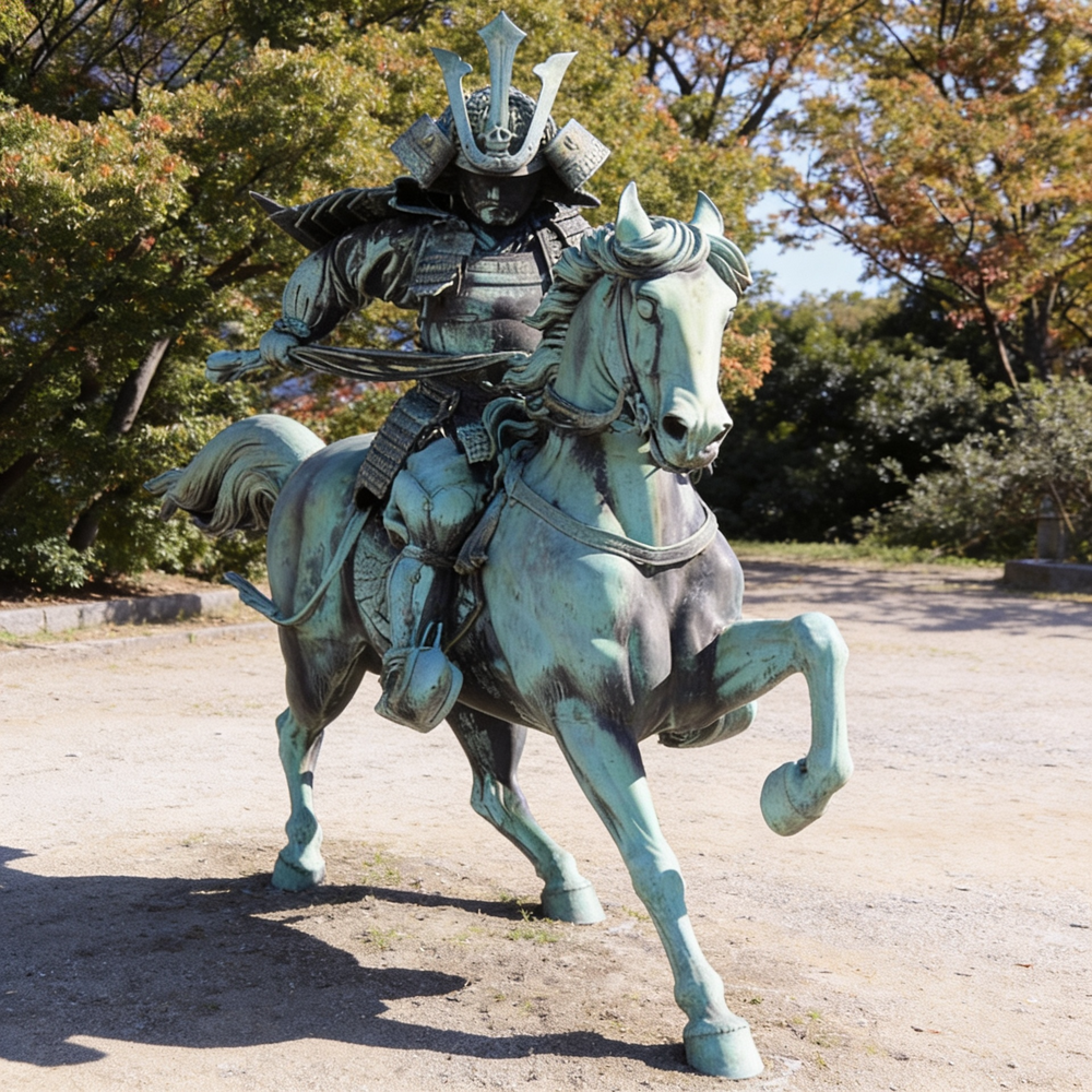 Statue of a samurai on horseback in an outdoor setting with trees in the background
Detailed bronze samurai figure wearing traditional armor on horseback