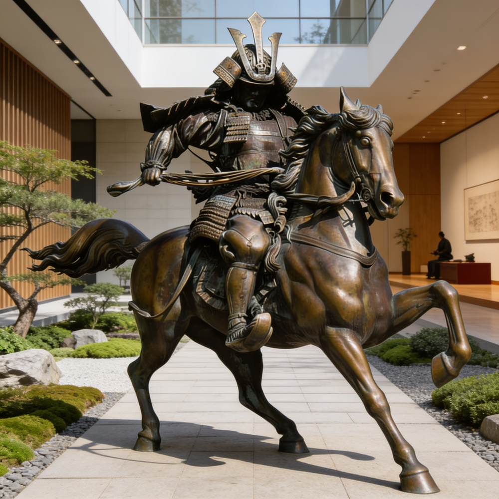 Bronze statue of a samurai on horseback in an outdoor setting
Metal samurai and horse sculpture with intricate armor detailing.”