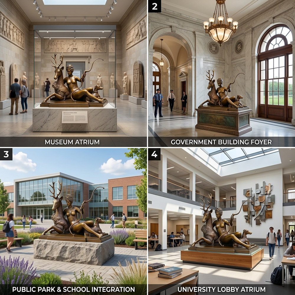 Collage of a bronze statue in various settings including a museum, government building, public park, and university lobby.