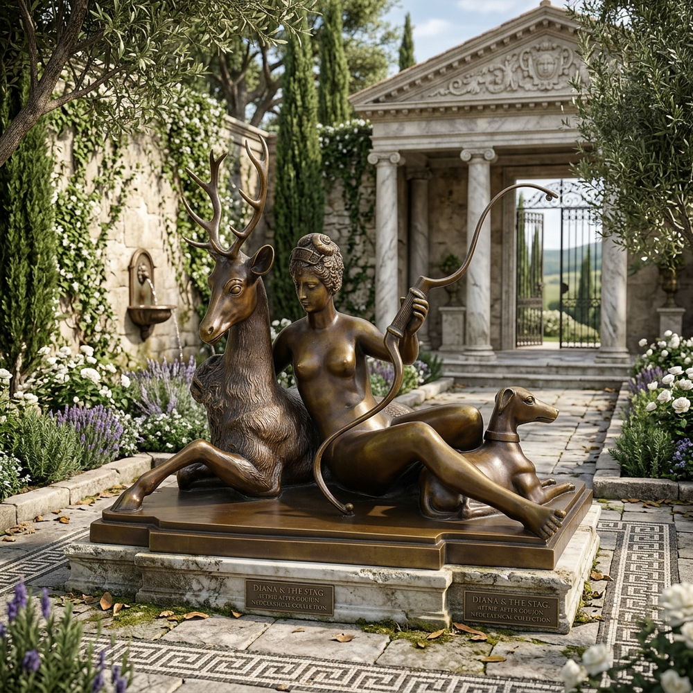 Bronze statue of a woman with a deer in a garden setting with classical architecture.