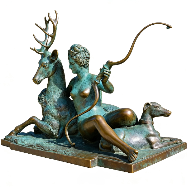 Bronze statue of a woman with deer and dog on a white background