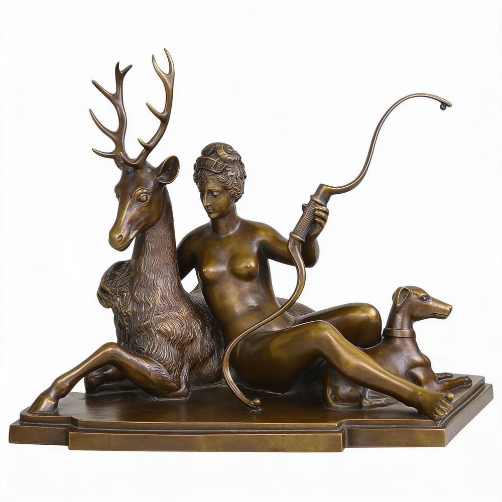 Bronze sculpture of a woman with a deer and a dog on a white background