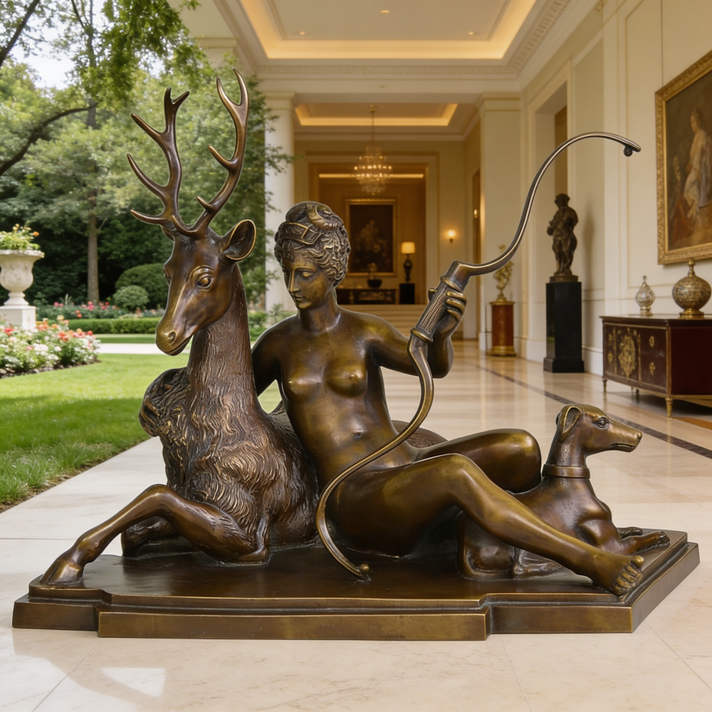 Bronze sculpture of a woman with deer and dog in an elegant indoor setting