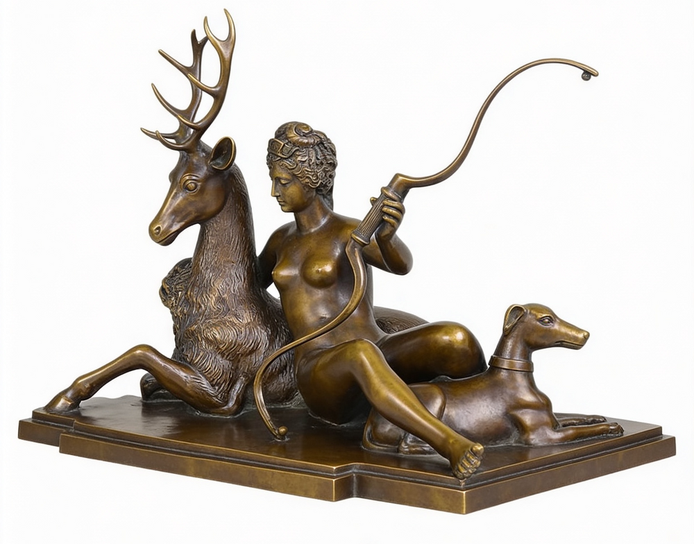 Bronze statue of a woman with deer and dog on a white background