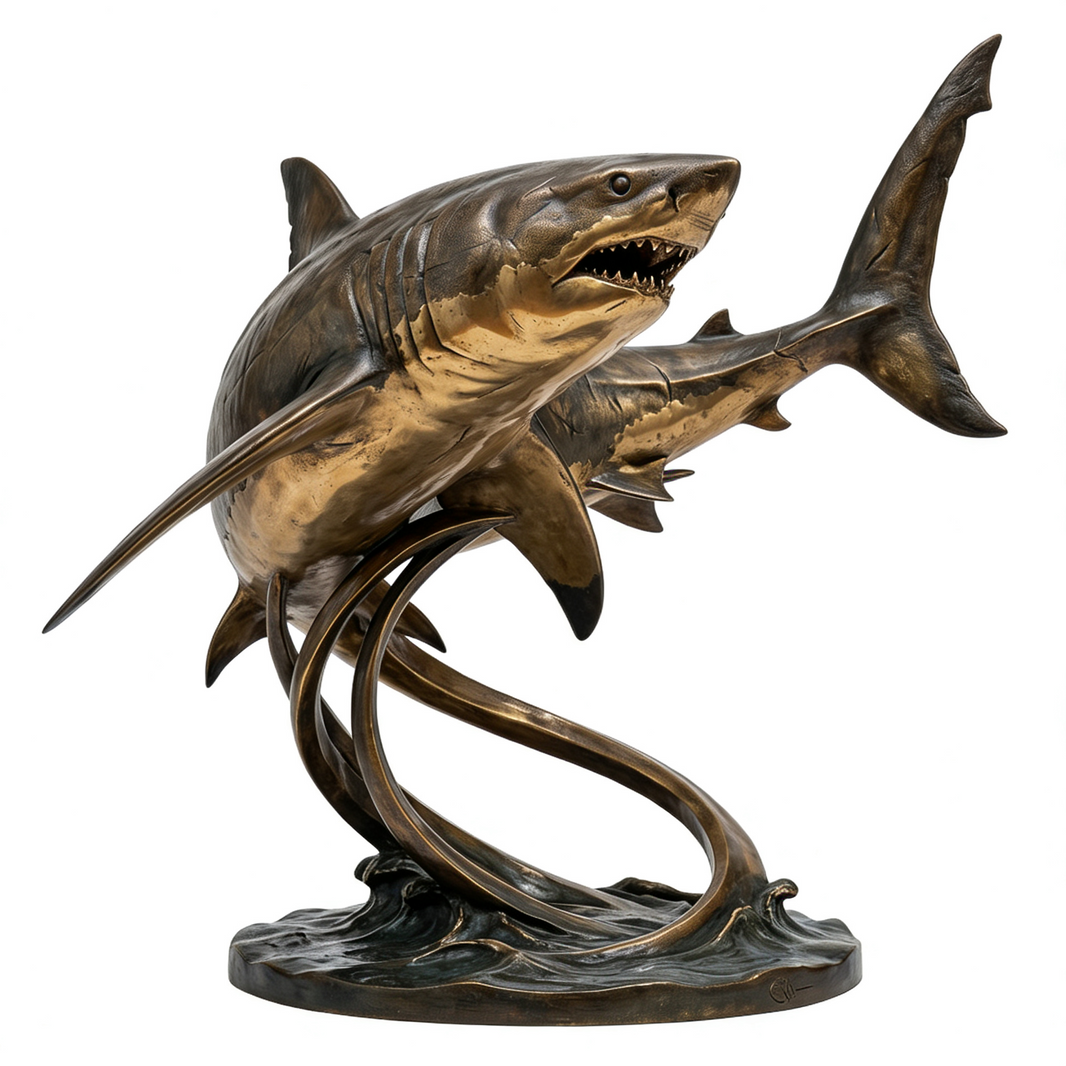 Bronze sculpture of a shark on a white background
Dynamic twin‑shark bronze artwork with detailed fins and sleek bodies