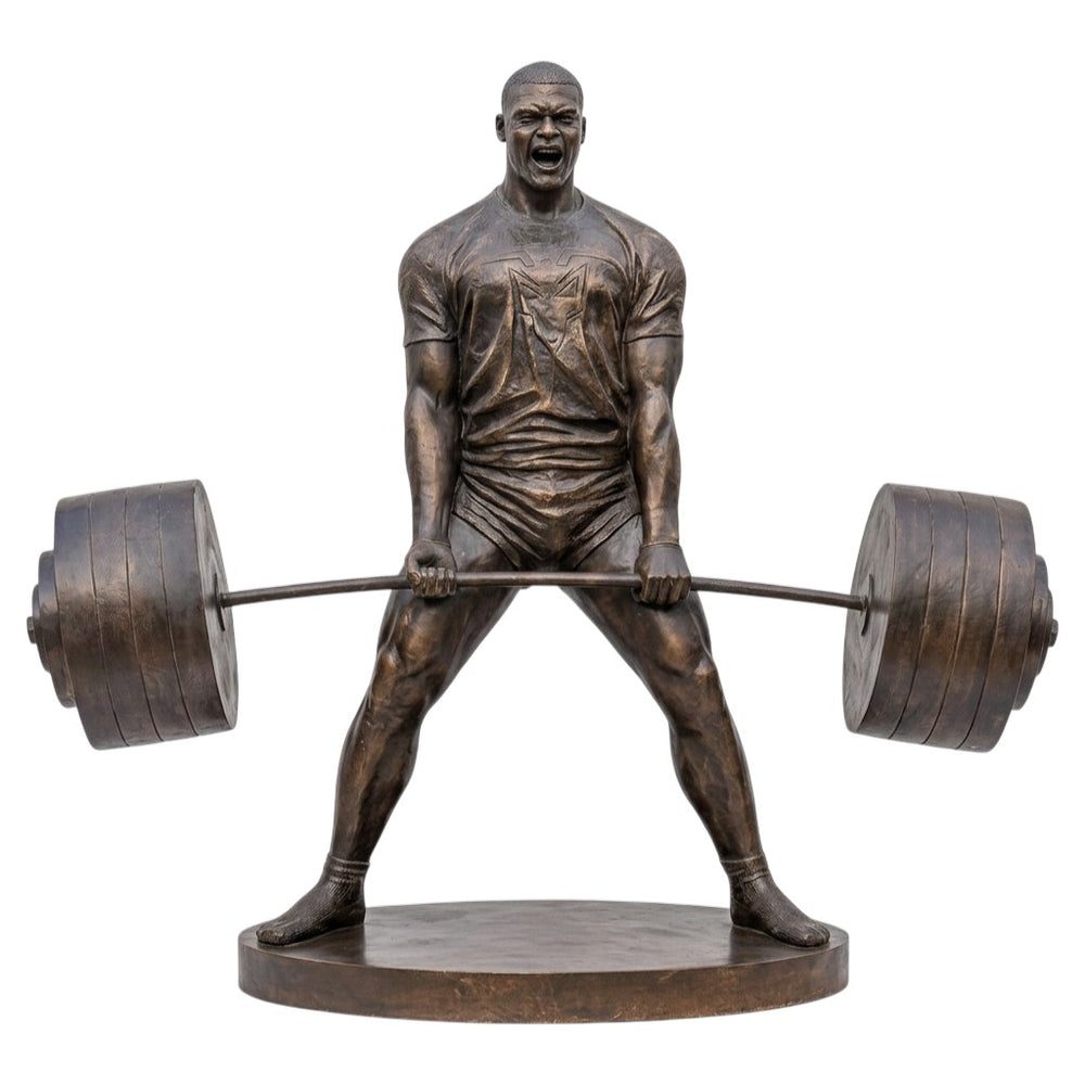 Bronze statue of a weightlifter lifting a barbell on a white background
Lifesize bronze deadlift athlete sculpture lifting a heavy barbell