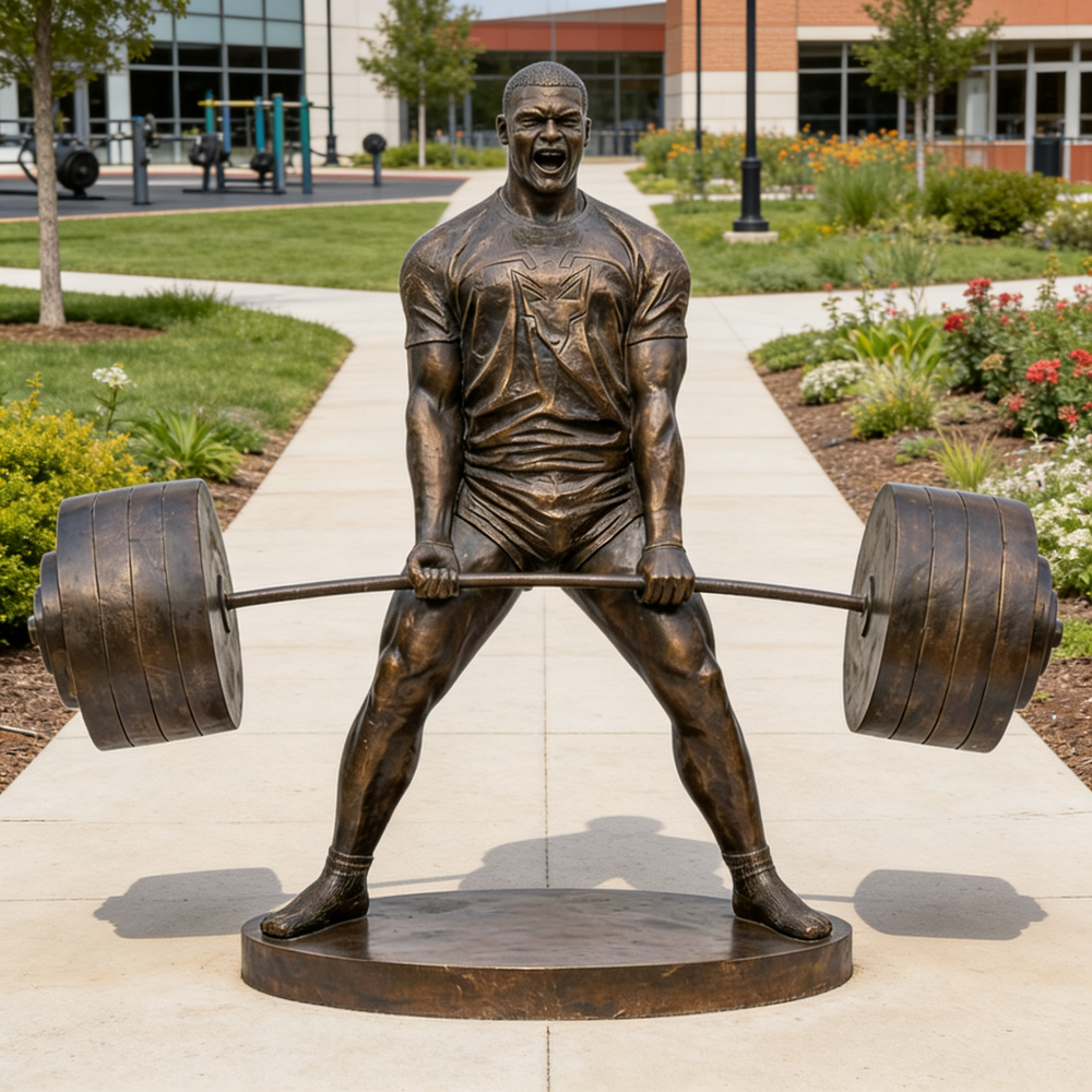 Bronze statue of a weightlifter lifting a barbell on a sidewalk.
Bronze weightlifting statue with defined muscles and powerful stance