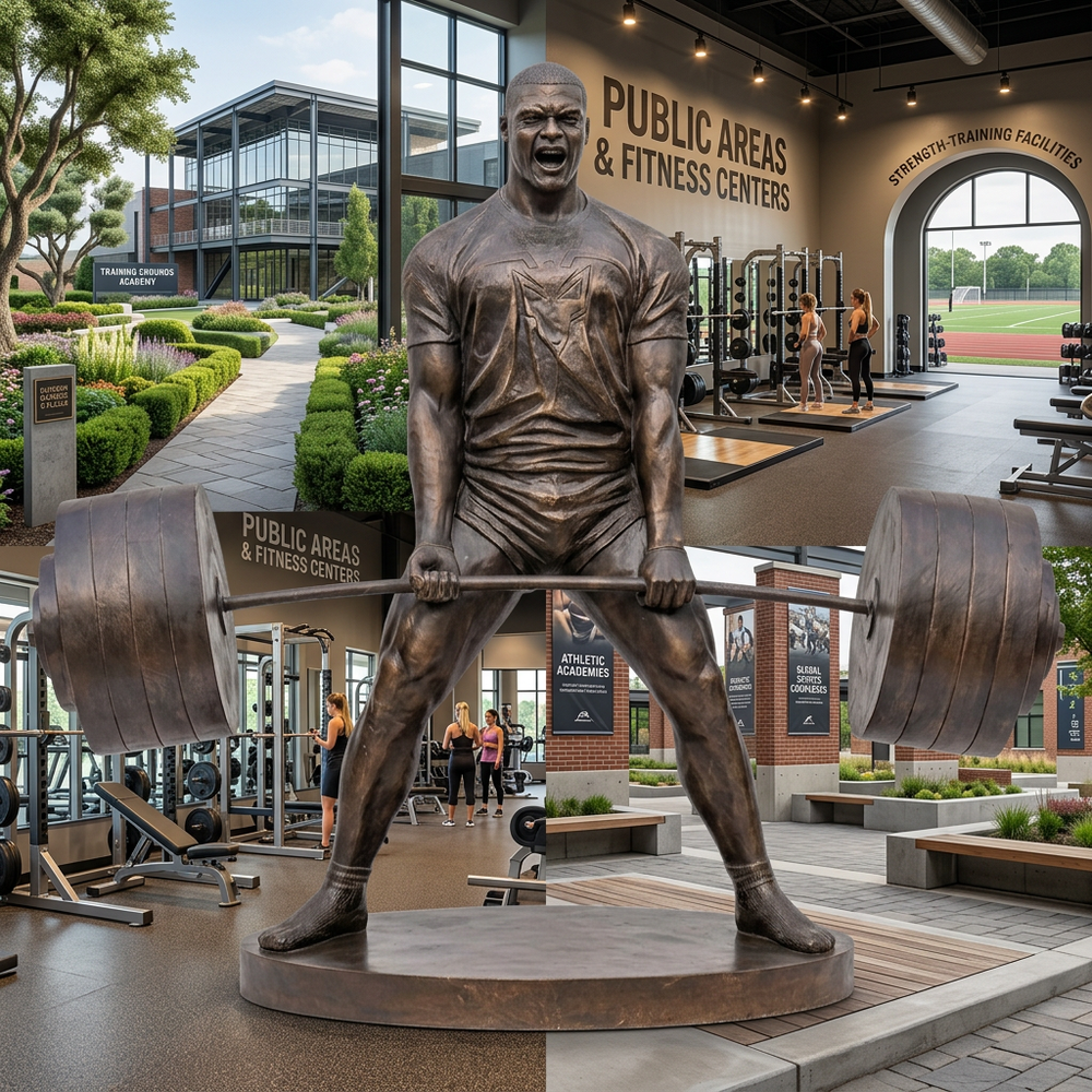 Bronze statue of a weightlifter in front of a fitness center with people exercising in the background.
Bronze artwork depicting a man lifting a barbell with intense posture