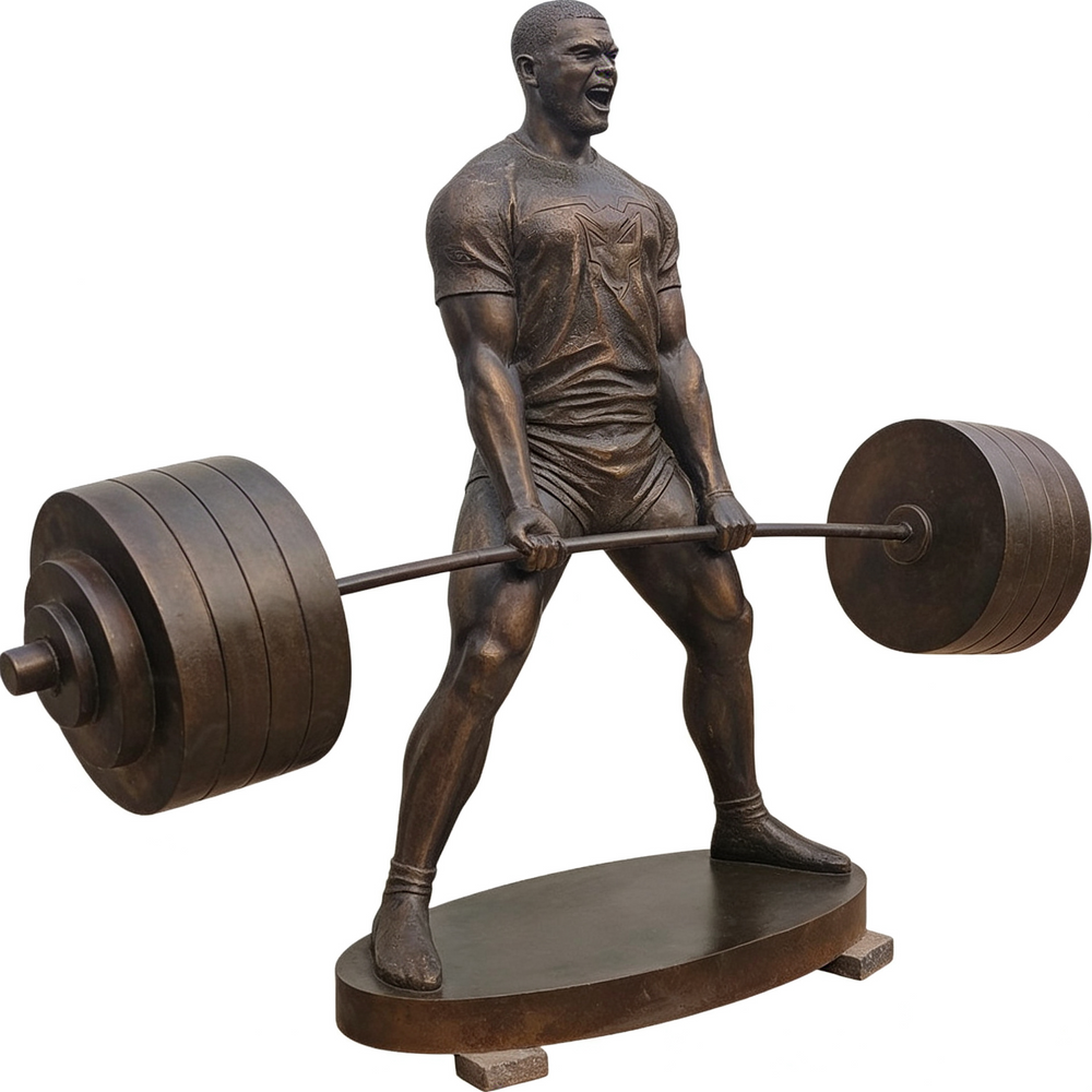Bronze statue of a weightlifter lifting a barbell on a white background
Realistic bronze statue of an athlete executing a deadlift movement