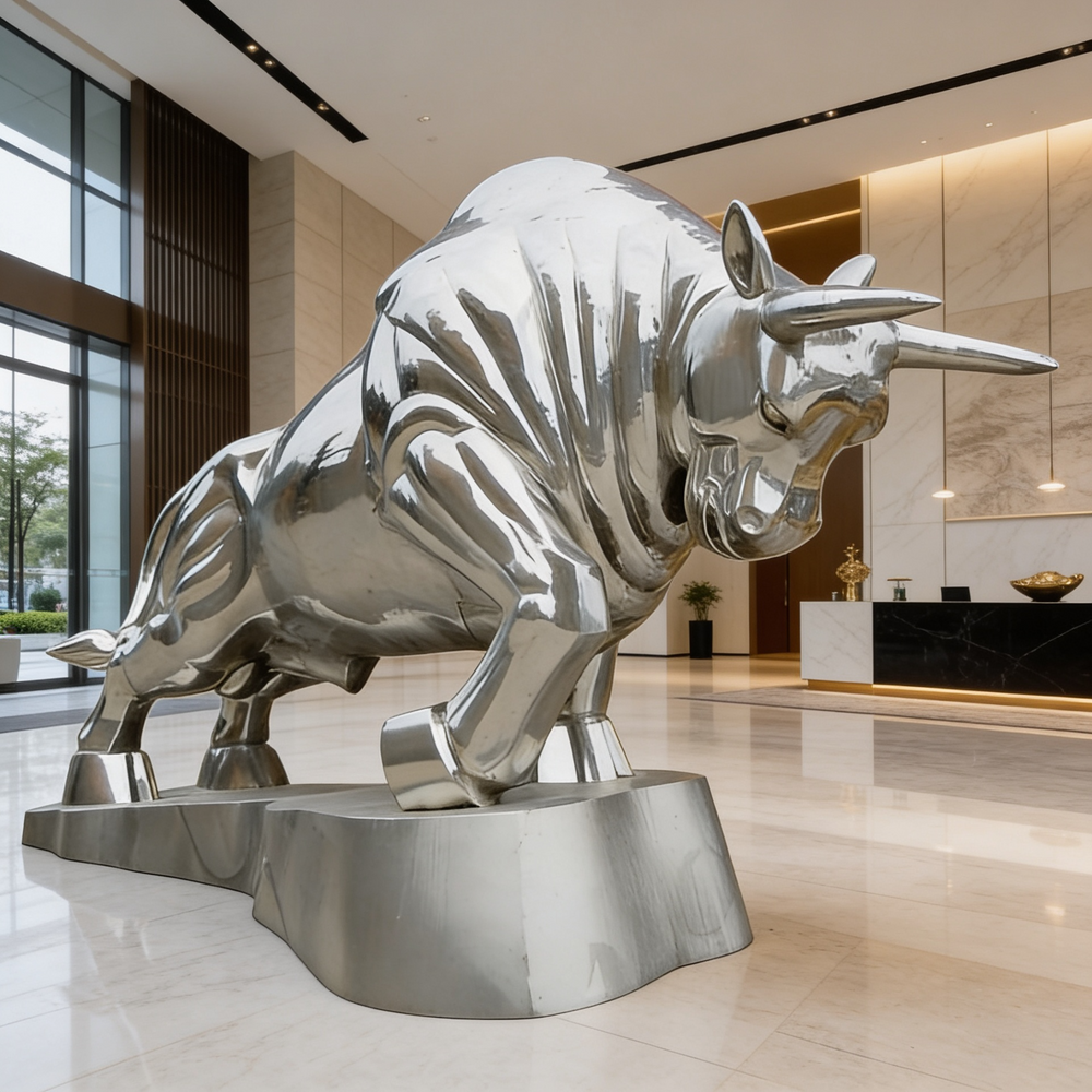 Silver bull statue in a modern indoor setting
Metal charging bull sculpture mounted on a matching base.