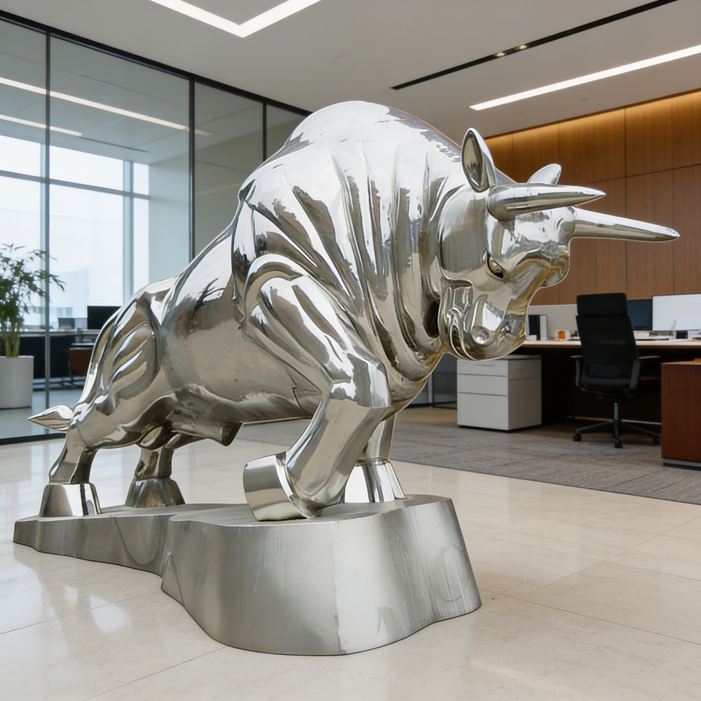 Metallic bull statue in an office setting
Lifesize metallic charging bull sculpture with polished reflective finish.