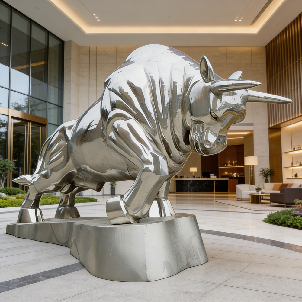 Metallic bull statue in front of a modern building entrance
Metal bull statue in a dynamic forward‑charging stance.
