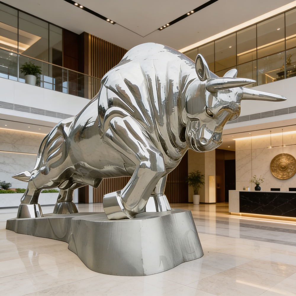Large metallic bull statue in a modern indoor setting
Polished steel bull sculpture with lowered head and pointed horns