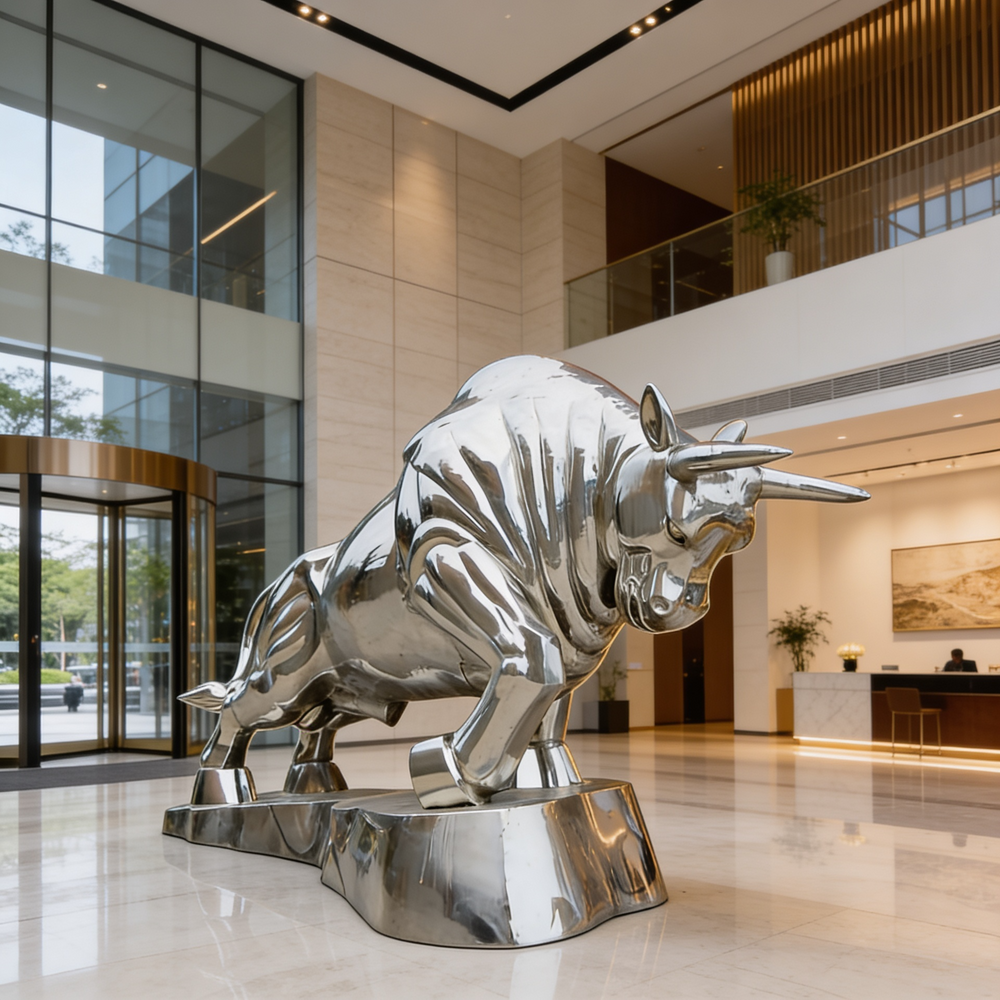 Silver bull statue in a modern building lobby
Lifesize bull artwork with dynamic stance and shiny finish