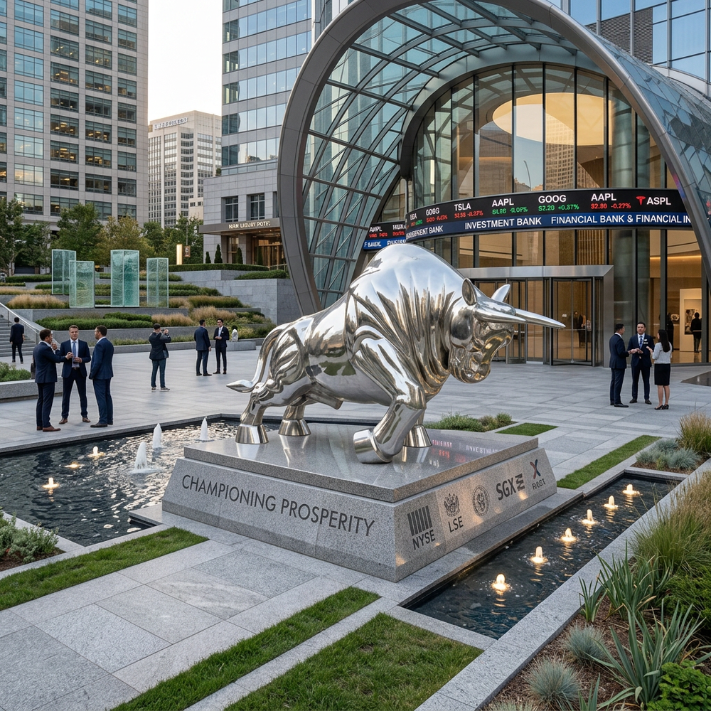 Metallic bull statue in front of a modern building with financial-themed elements.