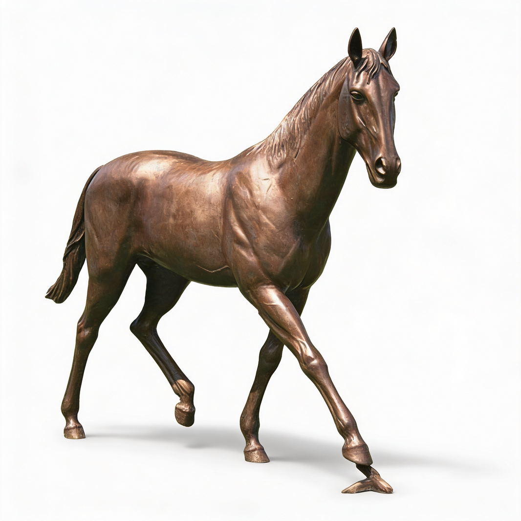 Bronze walking horse sculpture with realistic muscular detailing and polished finish