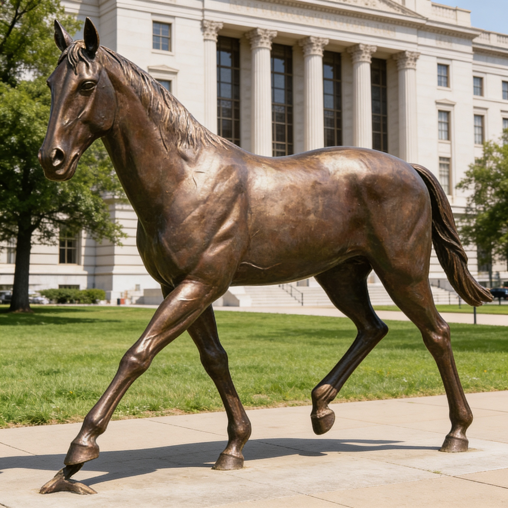 Metallic horse statue in a forward‑moving pose with lifelike proportions