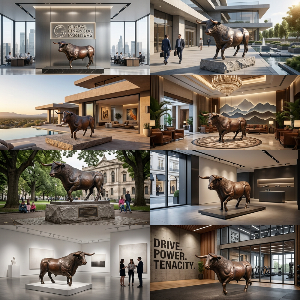 Collage of a bronze bull statue in various settings, including office buildings and outdoor landscapes.
Bronze artwork of a standing bull with strong anatomical detail.