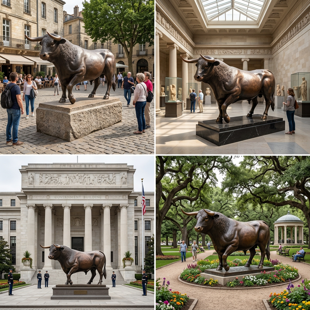Collage of a bronze bull statue in various settings including a city street, museum, and park.
Metal bull sculpture with detailed musculature and dynamic posture