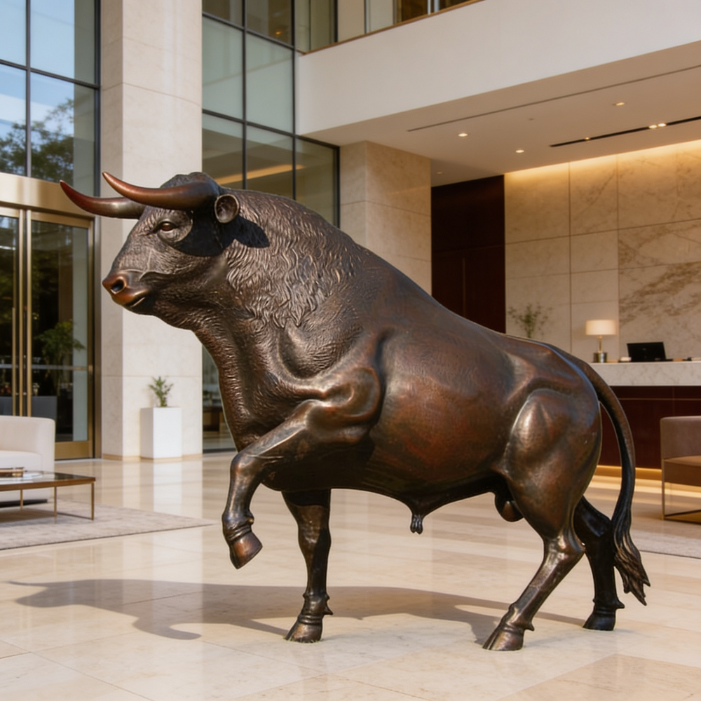 Bronze bull statue in a modern building lobby
Lifesize bull statue crafted in bronze with natural patina finish