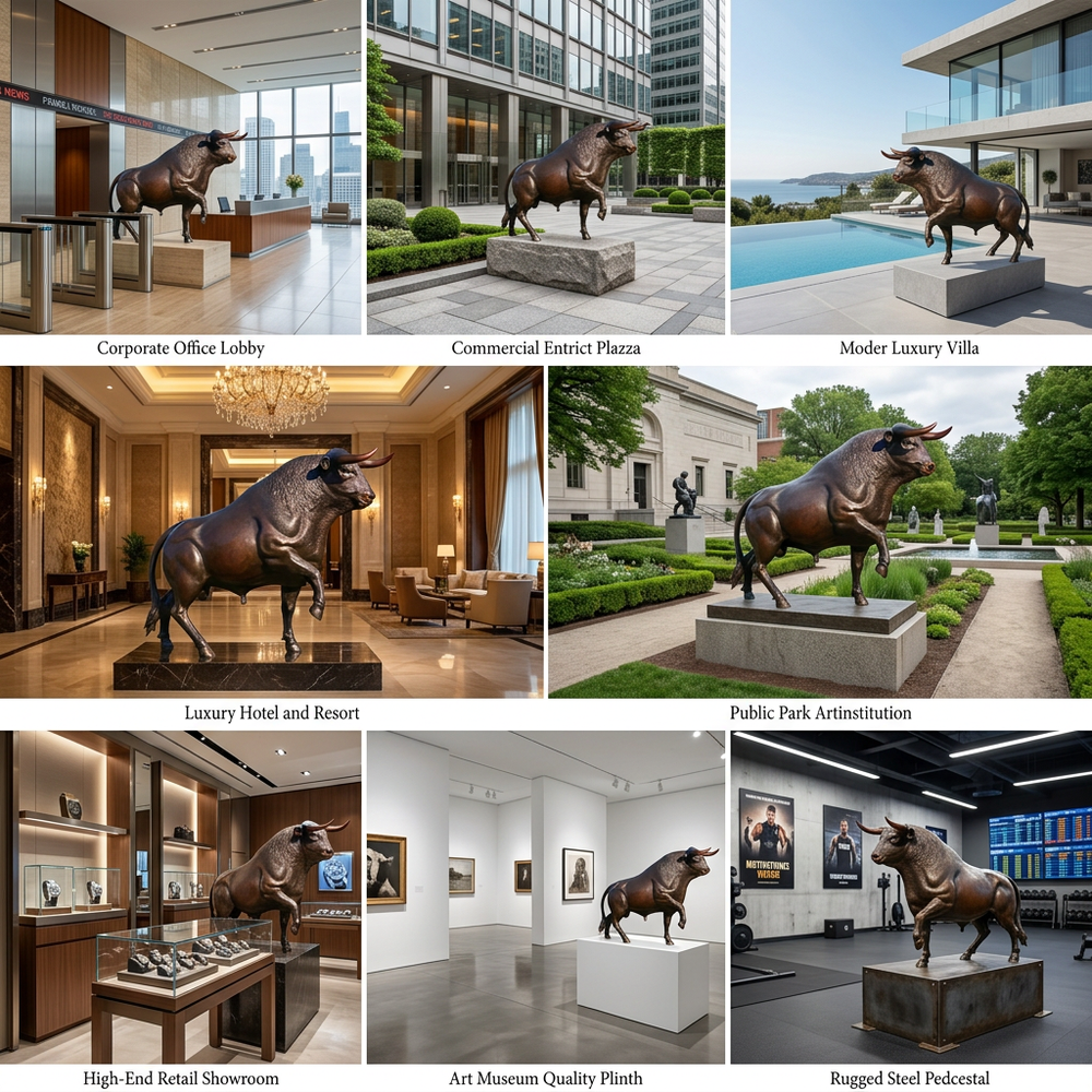 Collage of a bronze bull statue in various settings including corporate office, commercial plaza, luxury villa, hotel, park, high-end retail showroom, and art museum.
Bronze bull figure symbolizing strength and confidence