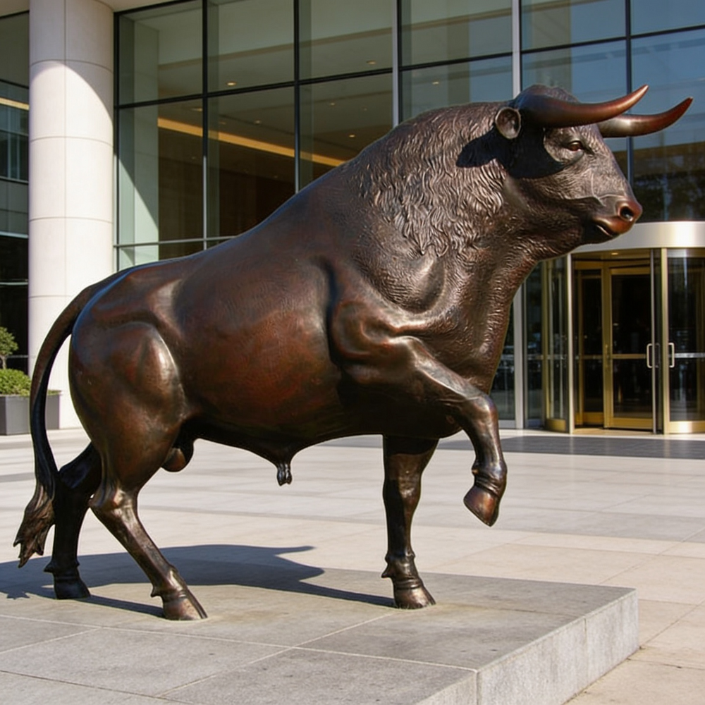 Bronze bull statue in front of a modern building
Realistic bronze sculpture of a bull standing in a dominant pose.