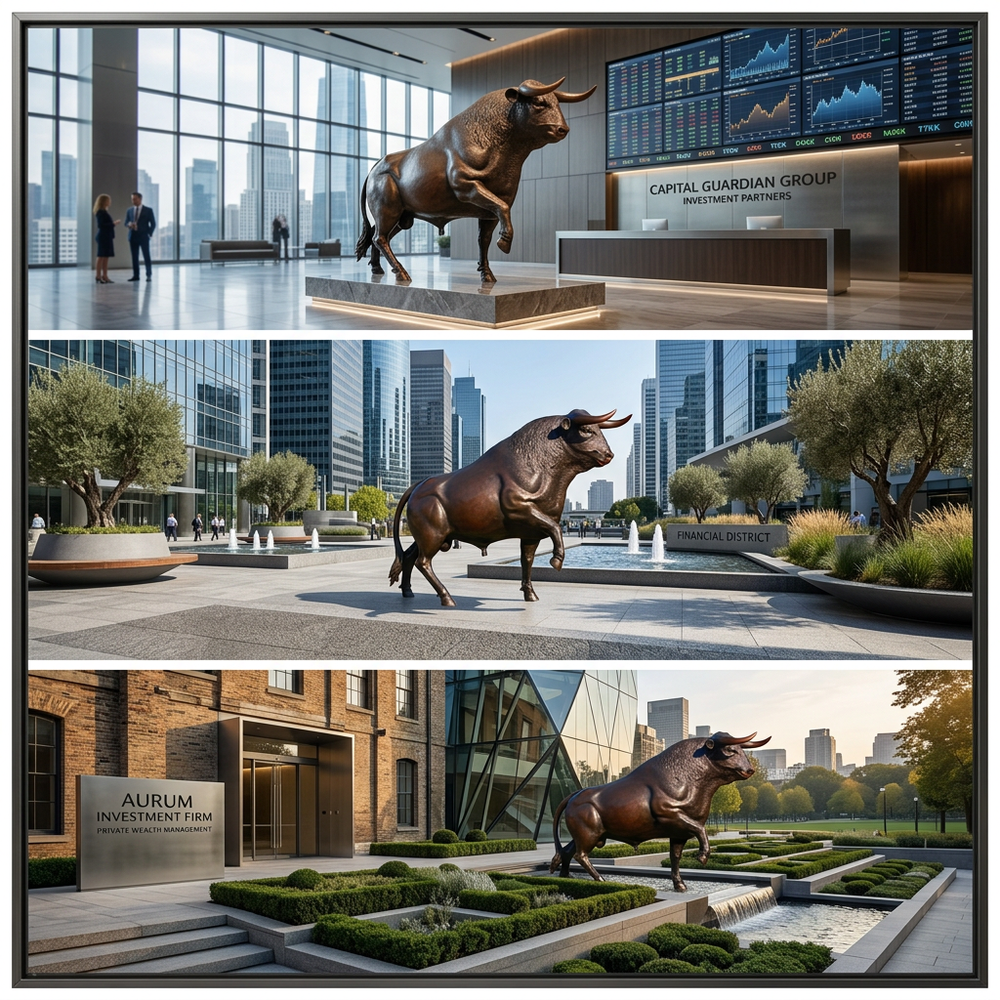 Collage of a bronze bull statue in various settings with cityscapes and modern architecture.
Bronze animal artwork featuring a muscular standing bull