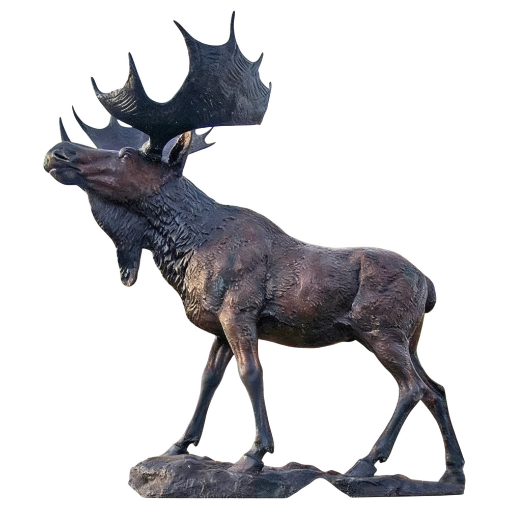 Bronze statue of a moose with large antlers on a white background