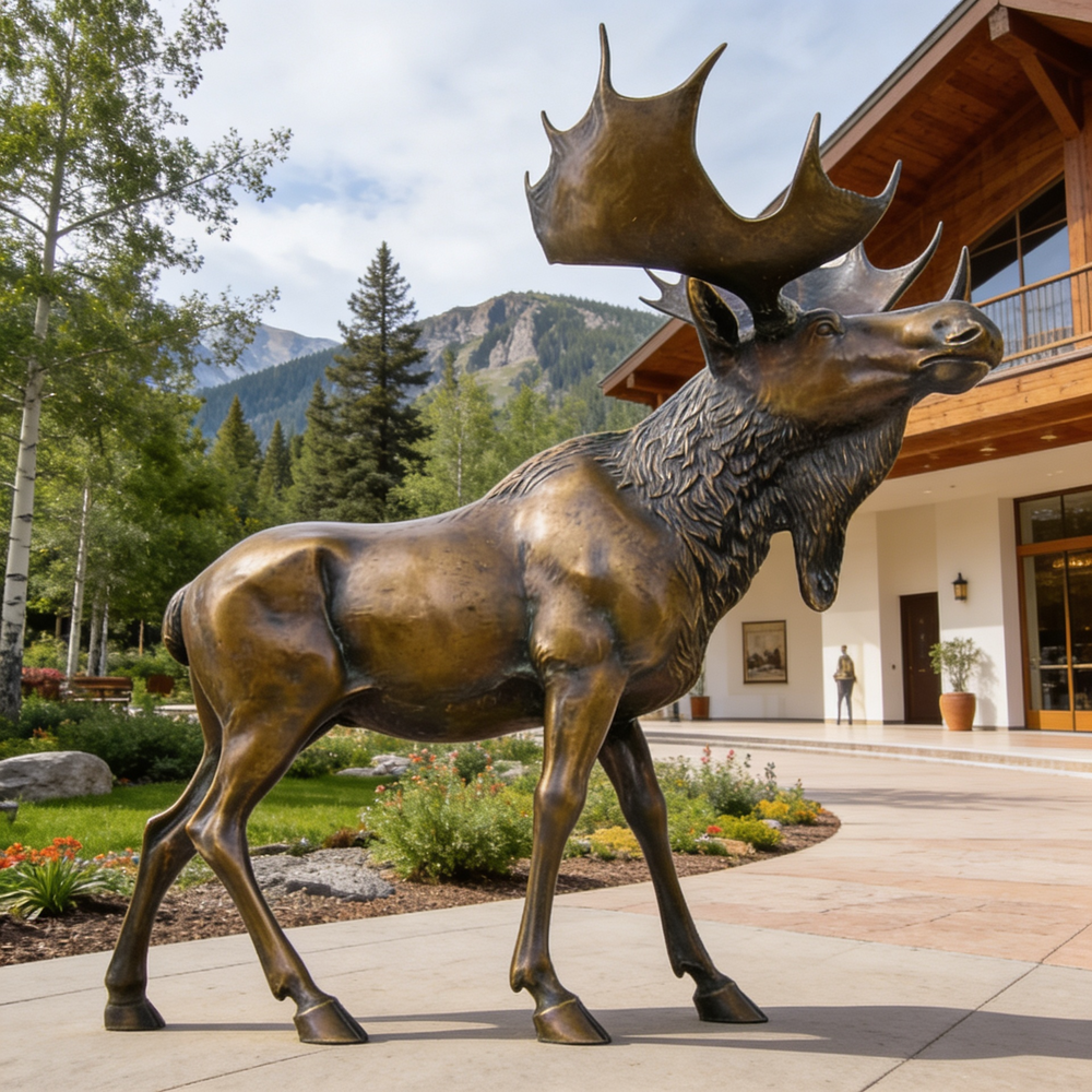 Bronze moose statue in front of a building with mountains in the background