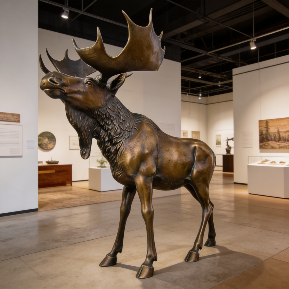 Bronze moose sculpture in a museum setting