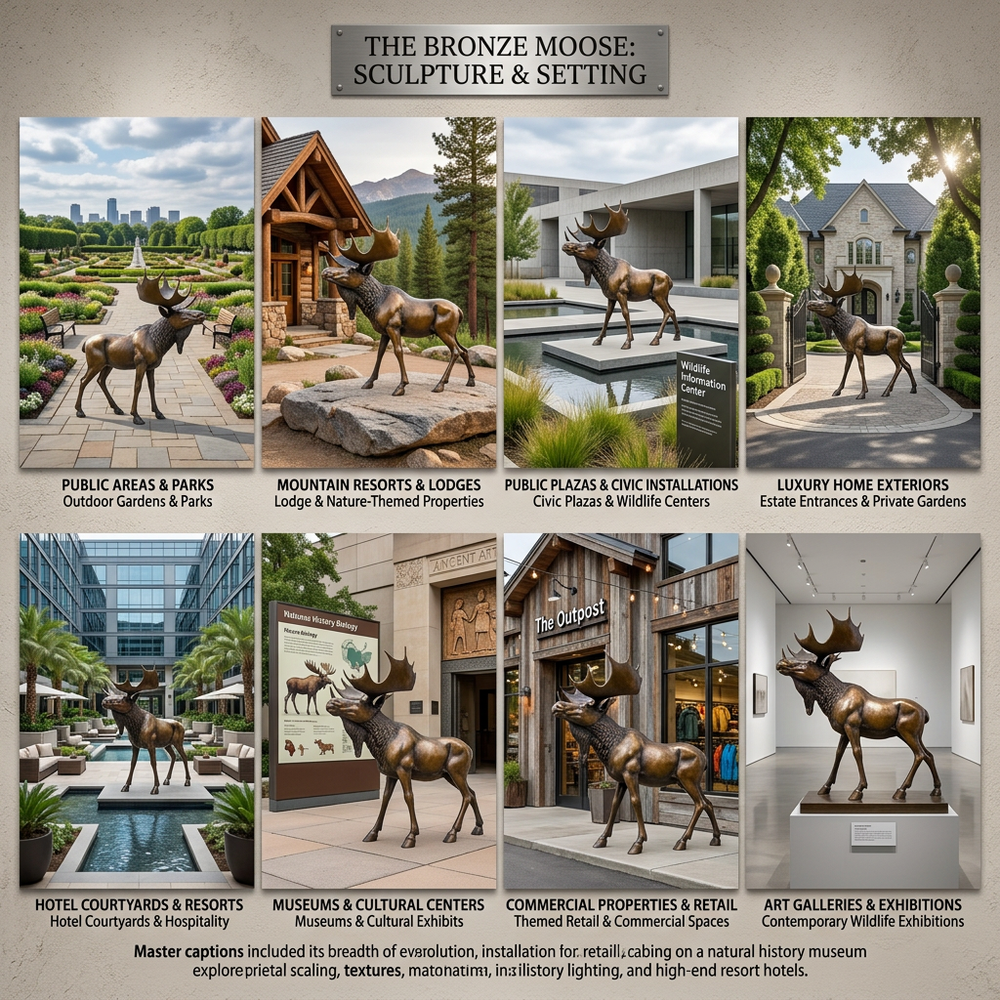 Collage of bronze moose sculptures in various settings with text indicating their use cases.