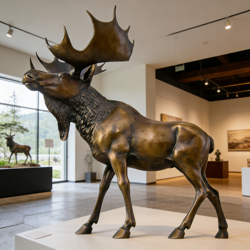 Bronze moose sculpture in a museum setting