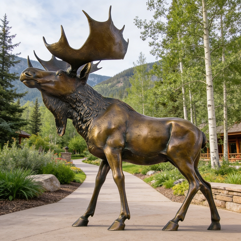 Bronze moose statue on a pathway with trees and mountains in the background