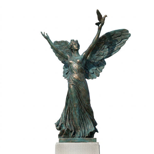 Bronze statue of an angel with outstretched wings on a white background
