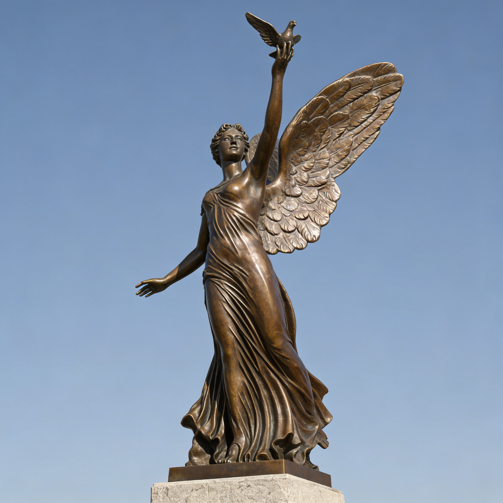 Bronze statue of an angel with outstretched wings against a clear blue sky