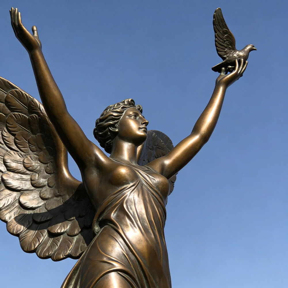 Bronze statue of an angel with outstretched wings holding a dove against a clear blue sky.