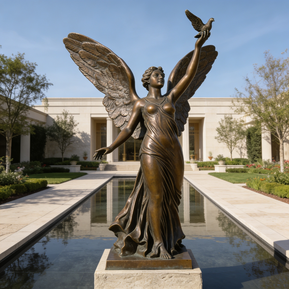 Bronze statue of an angel with outstretched wings holding a dove in front of a building.