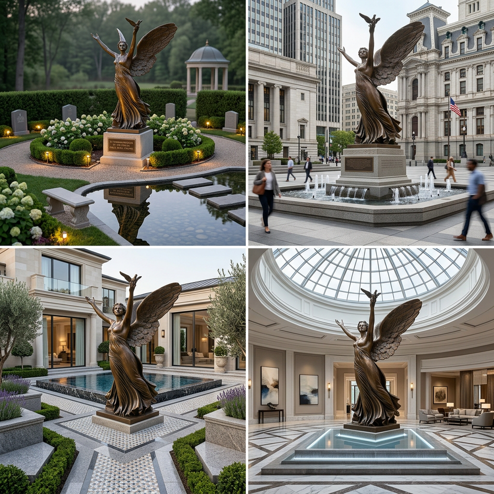Collage of a bronze statue of a woman with wings in various settings including a garden, city street, and indoor atrium.