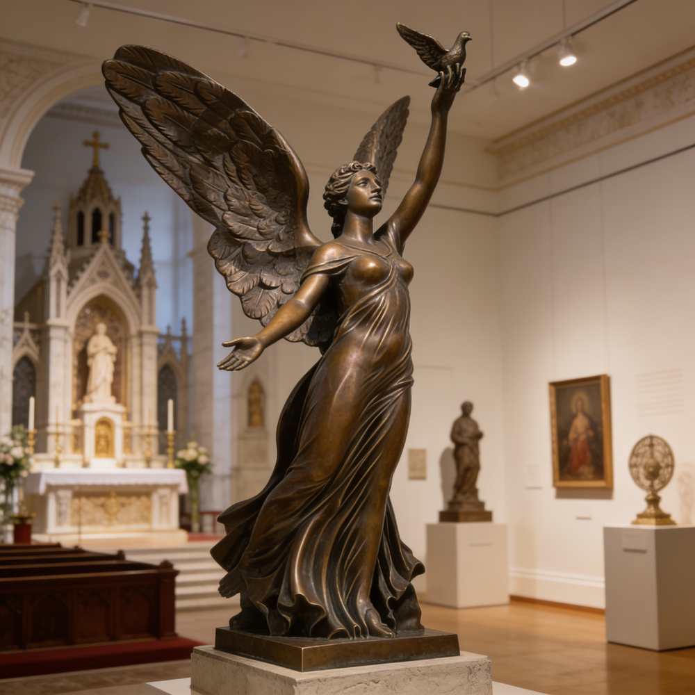 Bronze statue of an angel holding a dove in a museum setting with religious architecture in the background.
