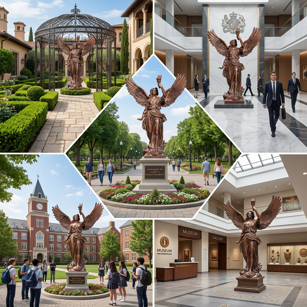 Collage of a bronze statue with wings in various settings, including outdoors and indoors.
Sculpture of a winged woman lifting a torch on a pedestal.