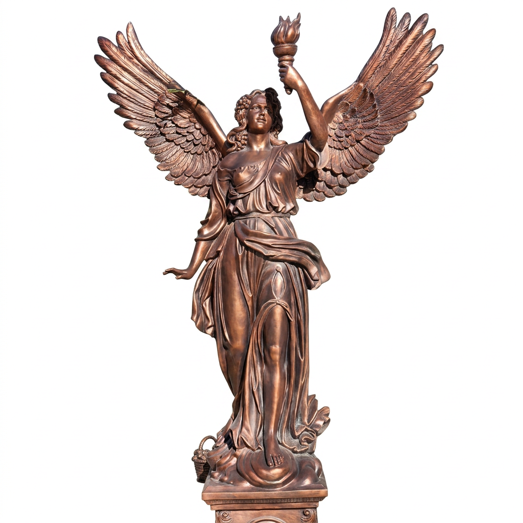 Bronze statue of an angel with outstretched wings holding a torch on a white background
Lifesize bronze winged figure holding a raised torch