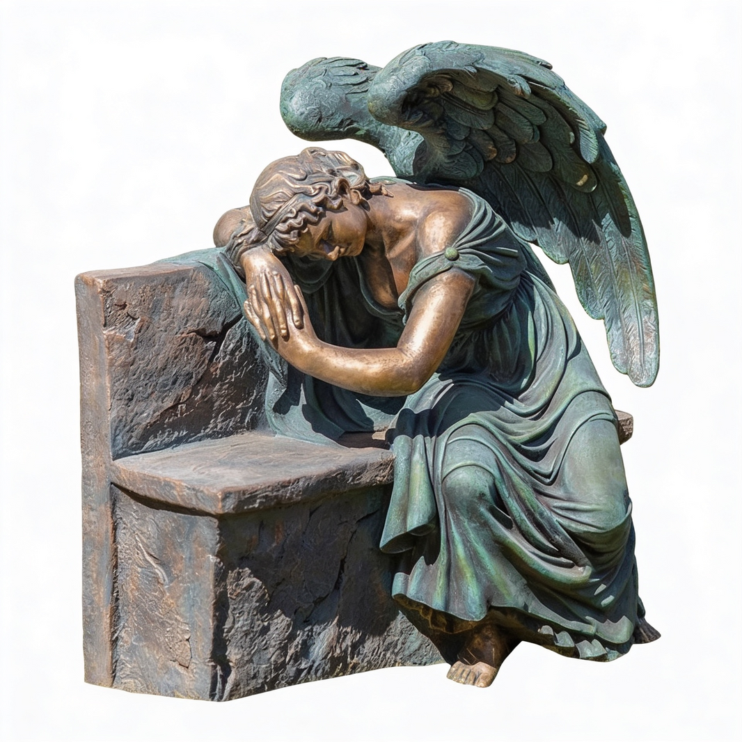 Lifesize Bronze Seated Angel Sculpture with Folded Arms and Detailed Wings – TAIMCO Model # MSC1272
