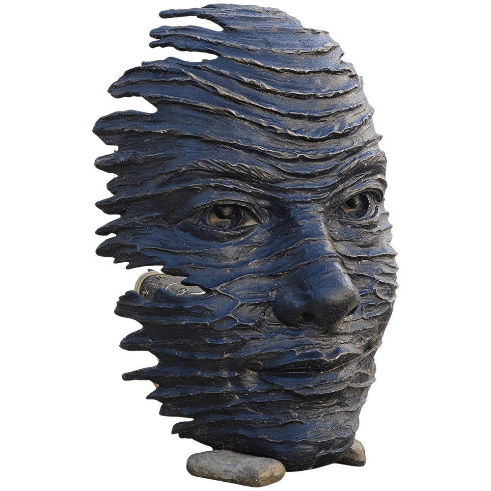 Statue of a face with textured skin and a neutral expression on a white background