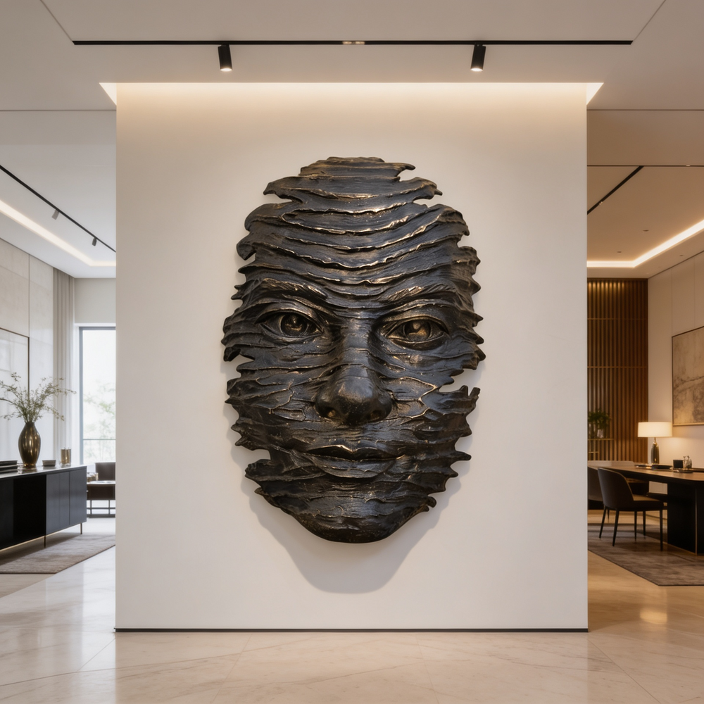 Decorative wall mask on a white wall in a modern interior setting