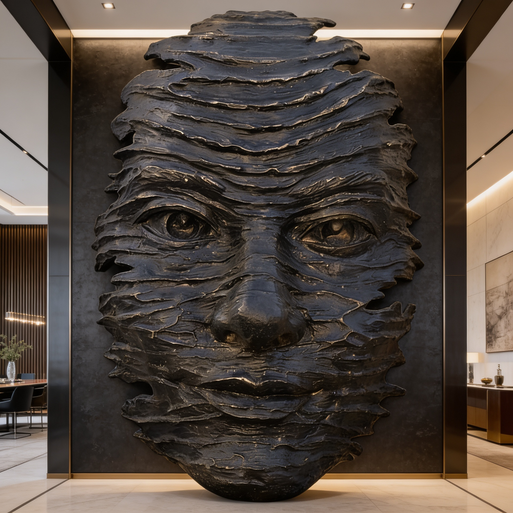 Large black stone sculpture of a face in a modern interior setting