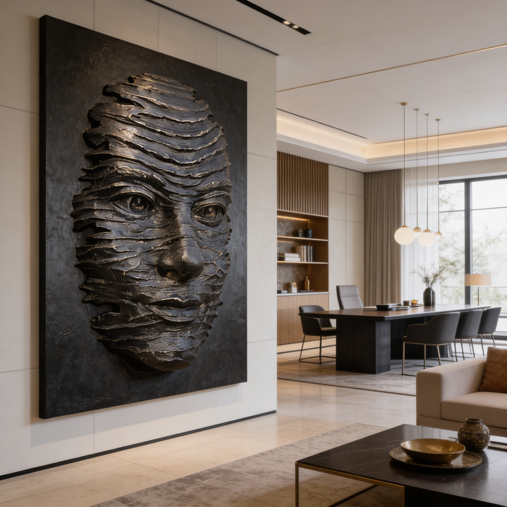 Modern interior with a large abstract sculpture of a face on a wall.