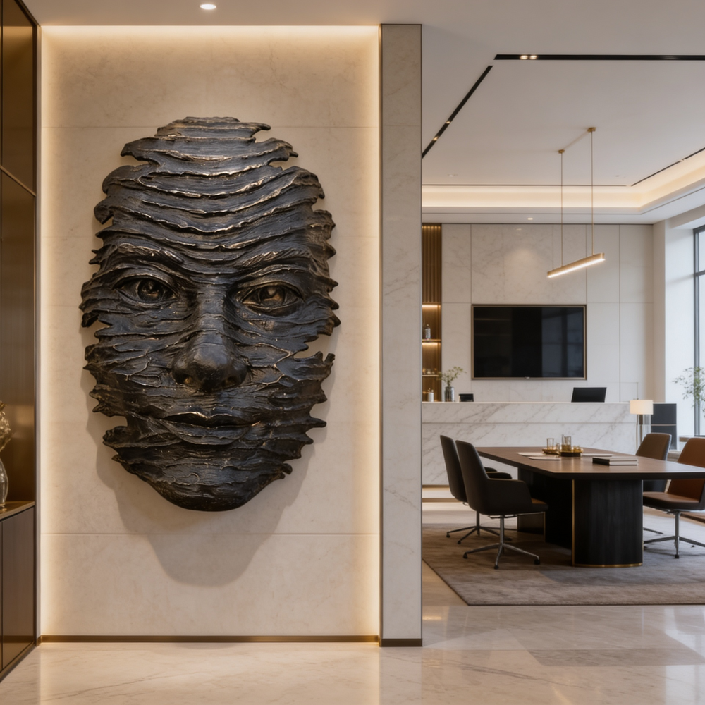 Decorative wall sculpture of a face in a modern interior setting