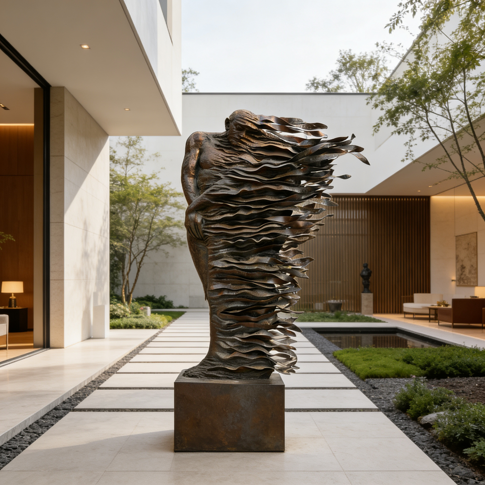 Bronze sculpture in a modern outdoor setting with a house and garden.
Metal sculpture featuring a figure dissolving into abstract layers.